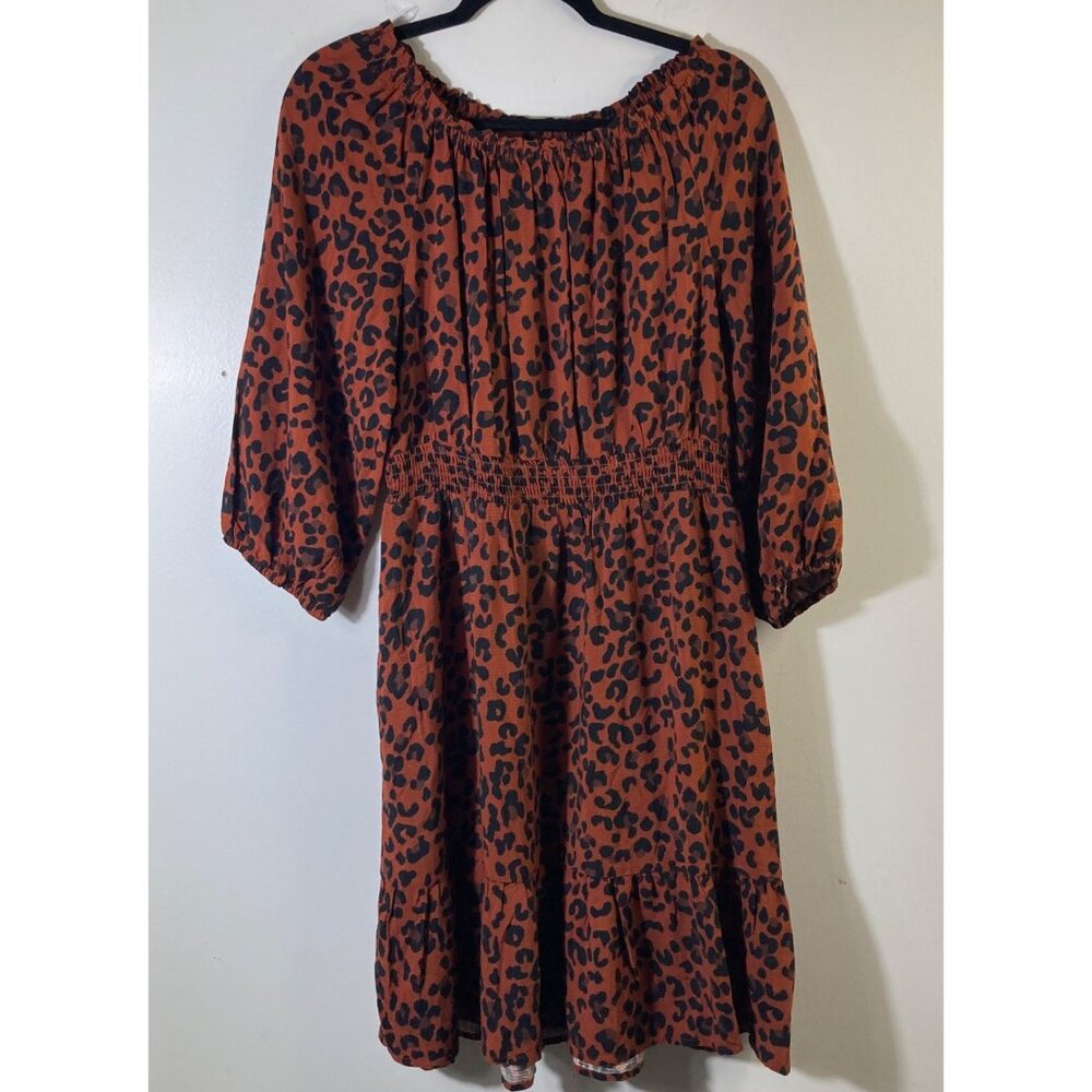 Womens Knox Rose Animal Print Ruched Waist Dress‎ Orange Black S Rayon NWT